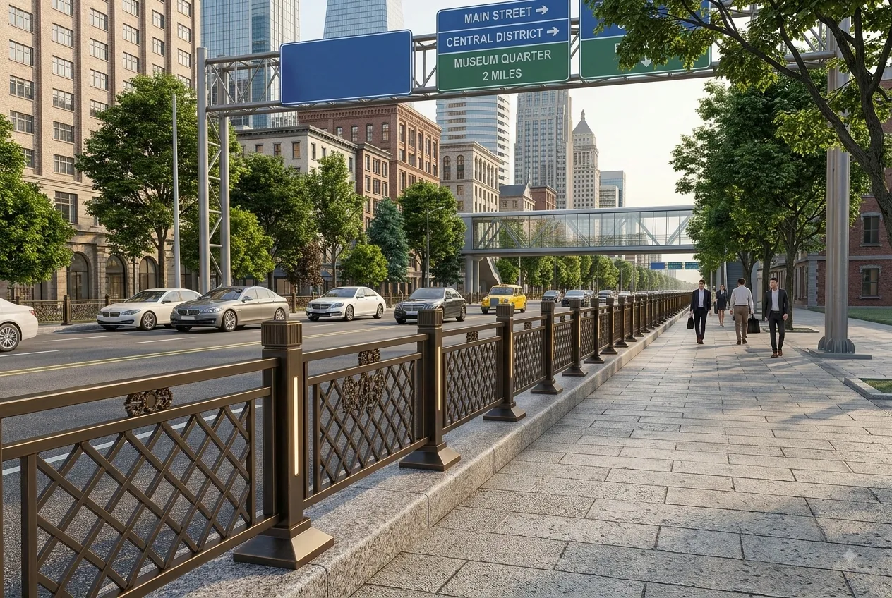 Galvanized steel road safety barrier for pedestrian and traffic separation