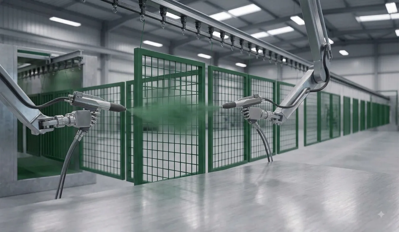 Powder coating surface treatment for outdoor metal fencing