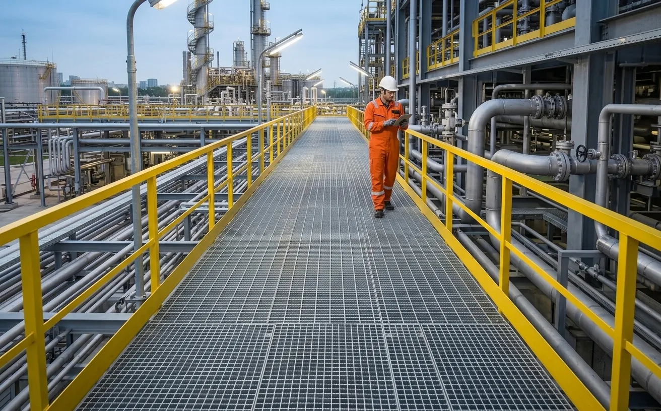Anti-slip serrated steel grating panels designed for safe industrial walkway floors