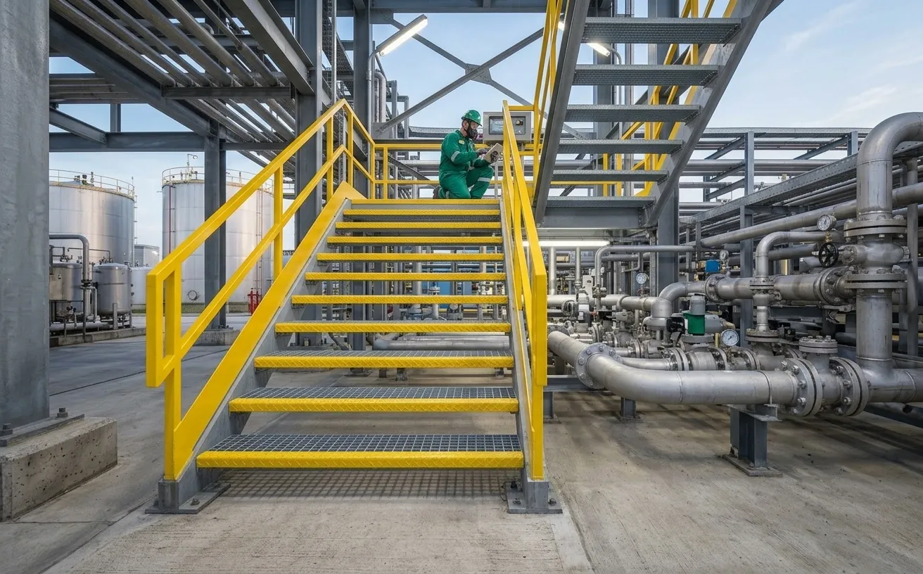 Anti-slip serrated steel bar grating stair treads installed on factory staircase